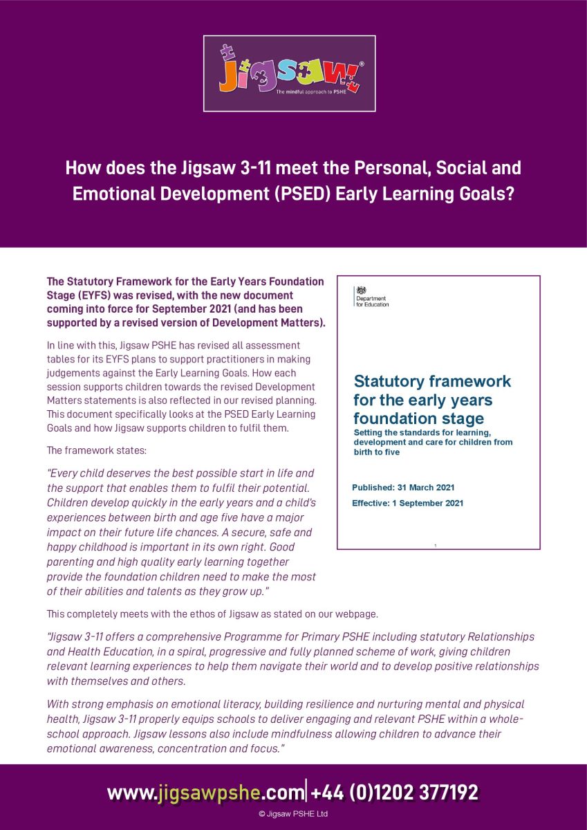 How does the jigsaw 3 11 meet the personal social and emotional development psed early learning goals