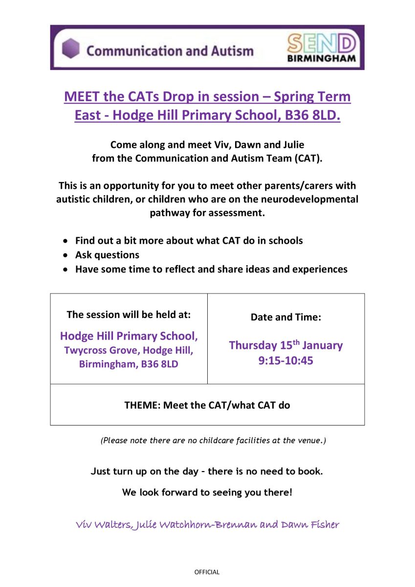 CAT Parent Drop in sessions Meet the CATs Hodge Hill Primary Spring 15.01.26
